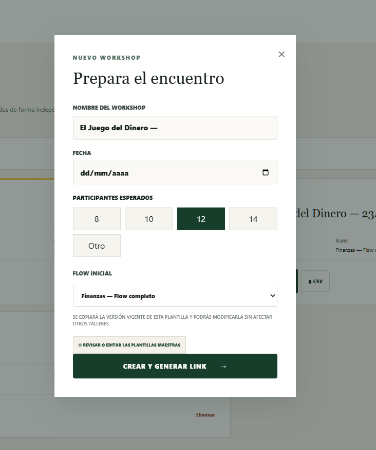 Pantalla para crear un nuevo workshop: nombre, fecha, participantes esperados y flow inicial