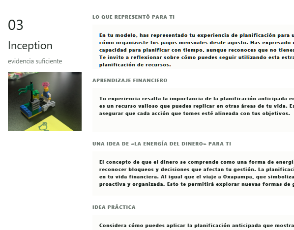 Registro individual con la fotografía del modelo, lo que representó para el participante, aprendizaje financiero e idea práctica