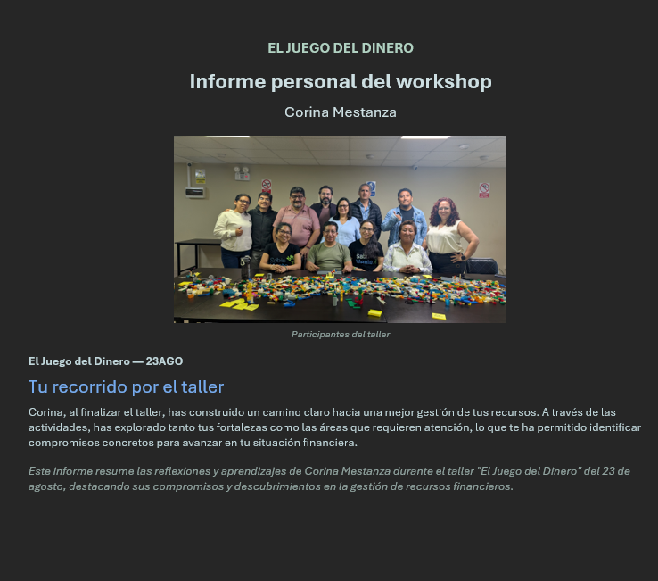 Portada del informe personal del workshop con fotografía de los participantes y resumen del recorrido